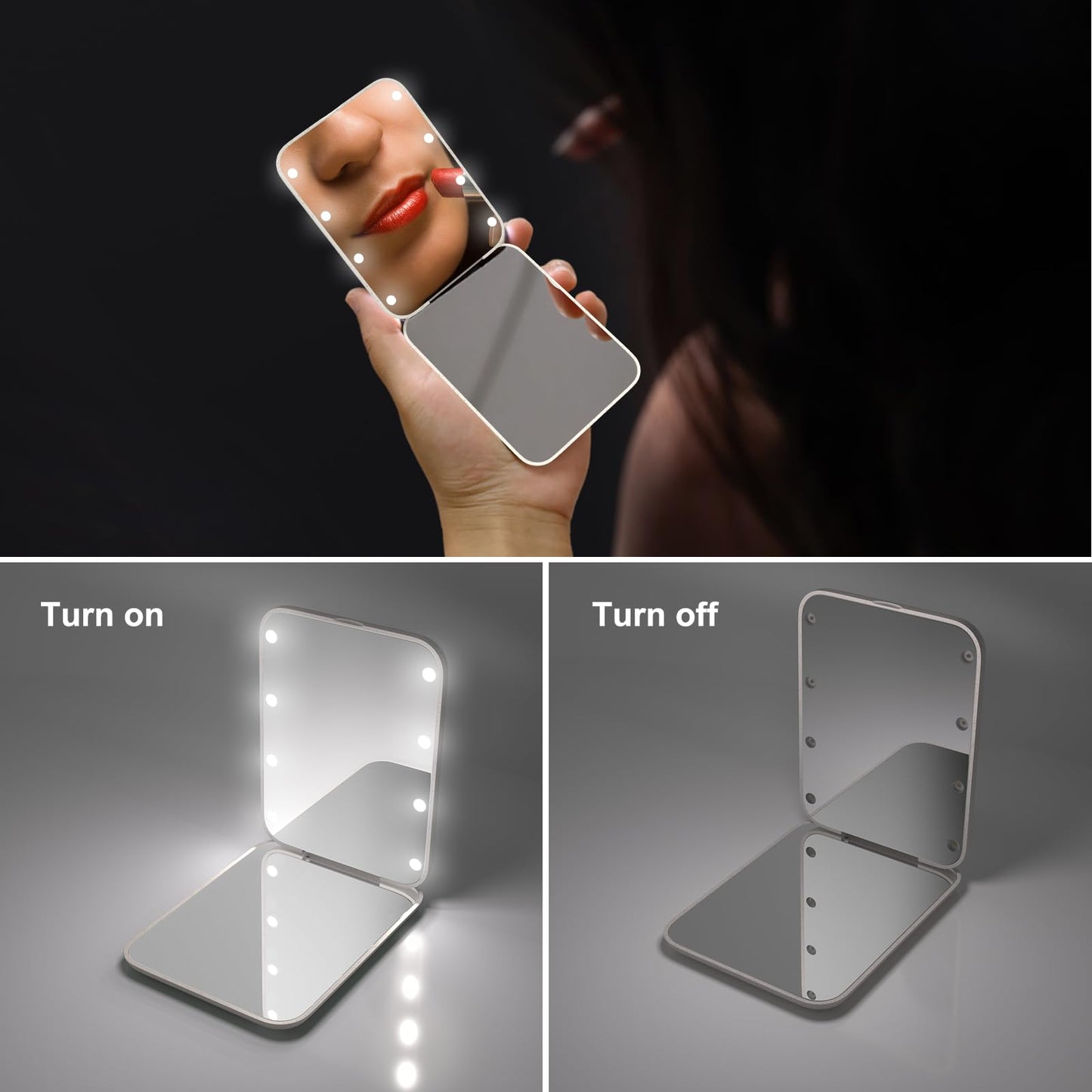 Kintion Pocket Mirror, 1X/3X Magnification LED Compact Travel Makeup Mirror with Light for Purse, 2-Sided, Portable, Folding, Handheld, Small Lighted Mirror for Gift, Pink