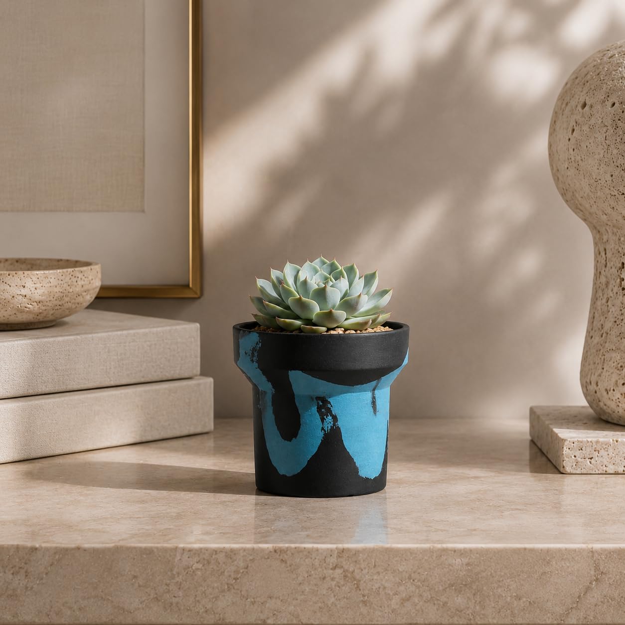ONE ART Modern Planter Pot, Stone & Recycled Ocean Plastic, Frost Proof Indoor Outdoor Plant Pot for Succulents Flowers Herbs, Unique Hand-Finished Pattern, Lightweight Minimalist Decor (Small)