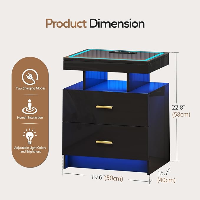 LED Nightstand Set 2 with Wireless Charging Station, Glass Top Smart Bedside