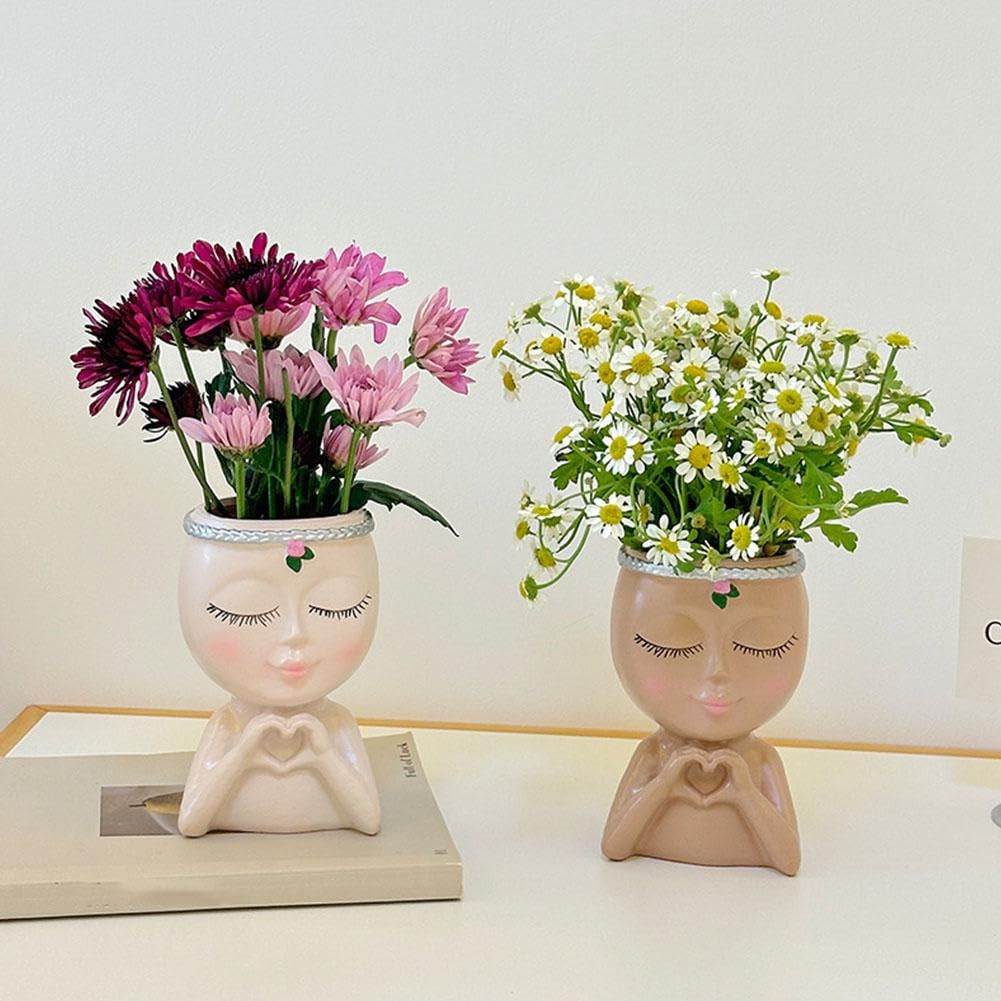 Face Planter Pot with Heart Hands, Unique Resin Head Planter for Indoor Plants, Cute S-ucculent Pots with Drainage Hole, Decorative Makeup Brush Holder for Vanity, for Women