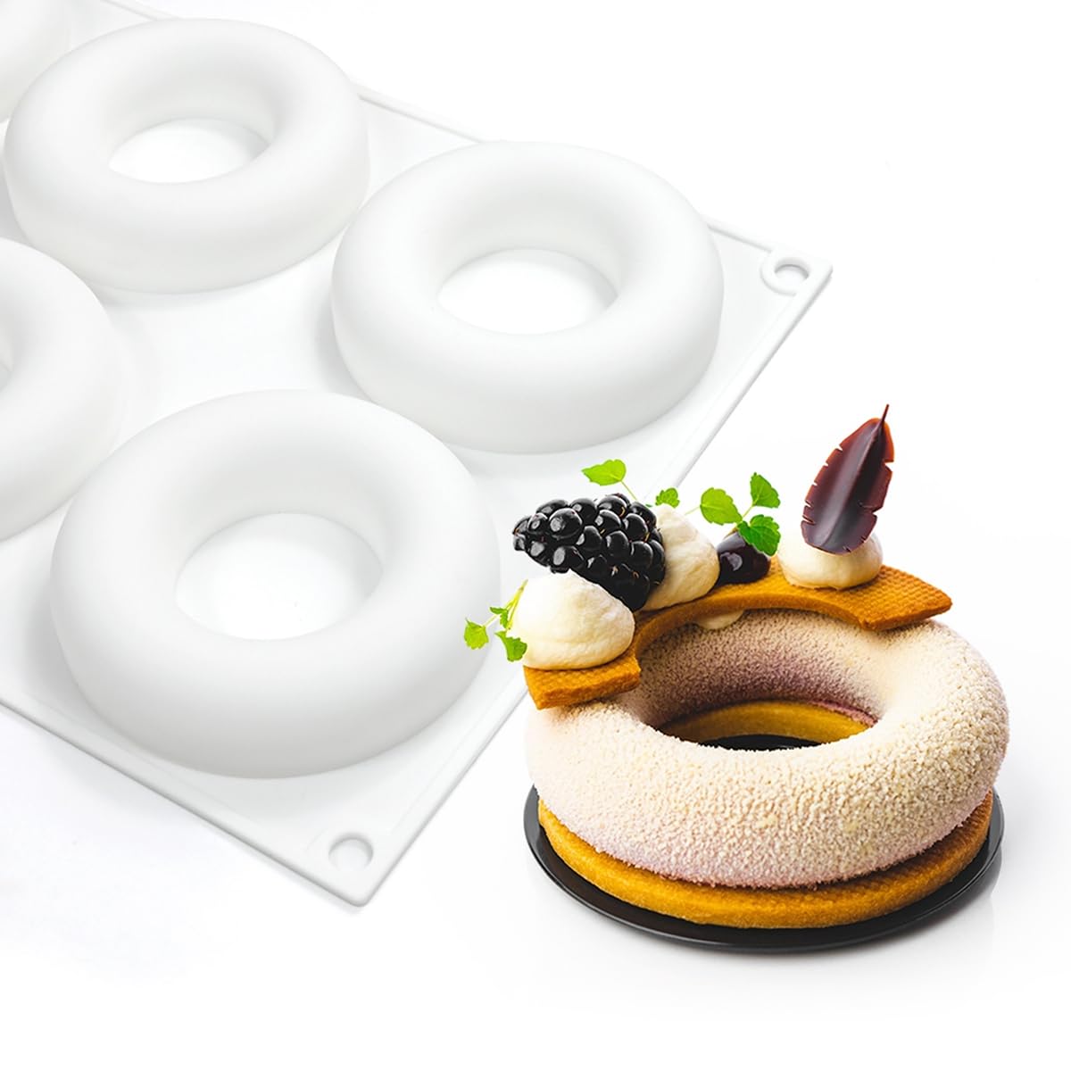 ANGOOD 3D Donut Silicone Mold, Cupcake Baking Pan Mousse Tray Molds, Kitchen Cake Decorating Fondant Mould for Pumpkin Shaped Baking Mousse Cake, 6-Cavity Non-Stick Silicone Moulds (D_ Donut)