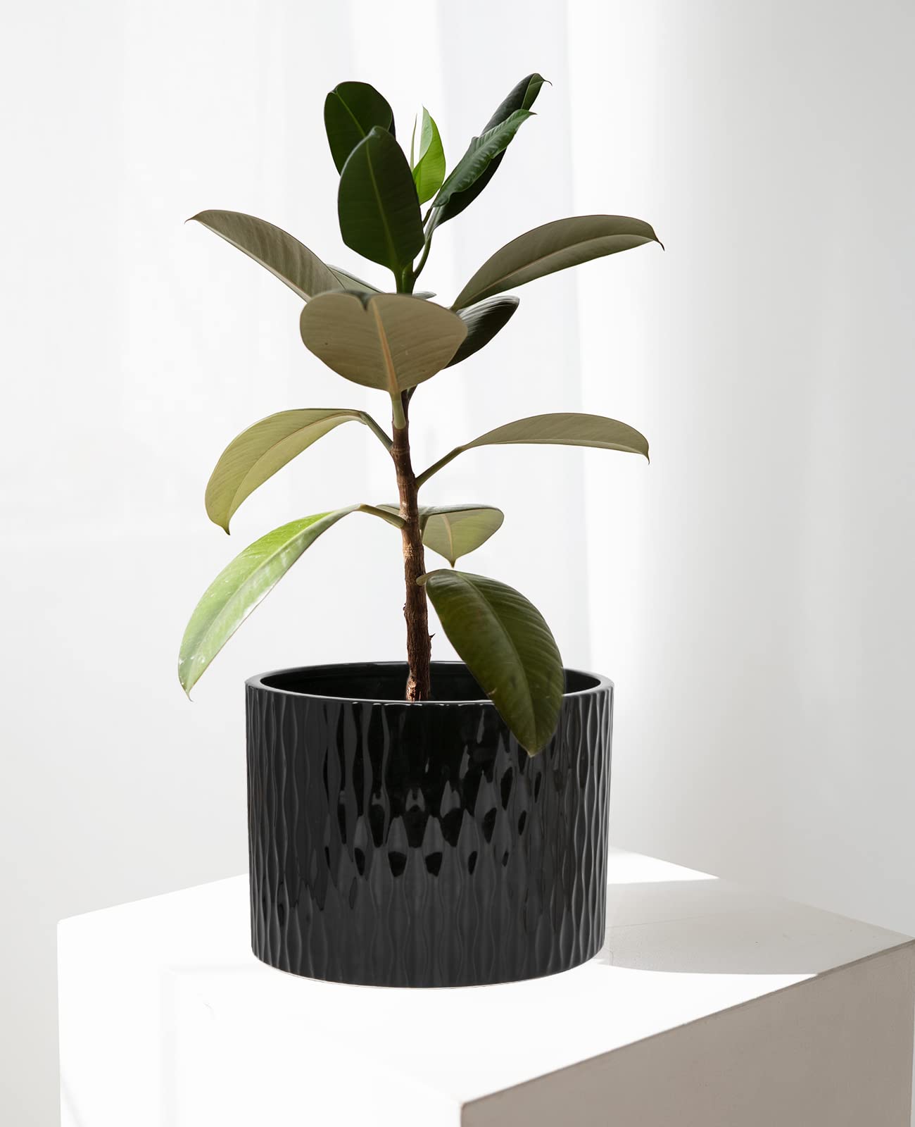 LaDoVita Ceramic Plant Pot with Stand, 10 Inch Planter with Wood Shelf, Modern Round Flower Pots Indoor with Wood Planter Holder, Black Water Ripple Pattern