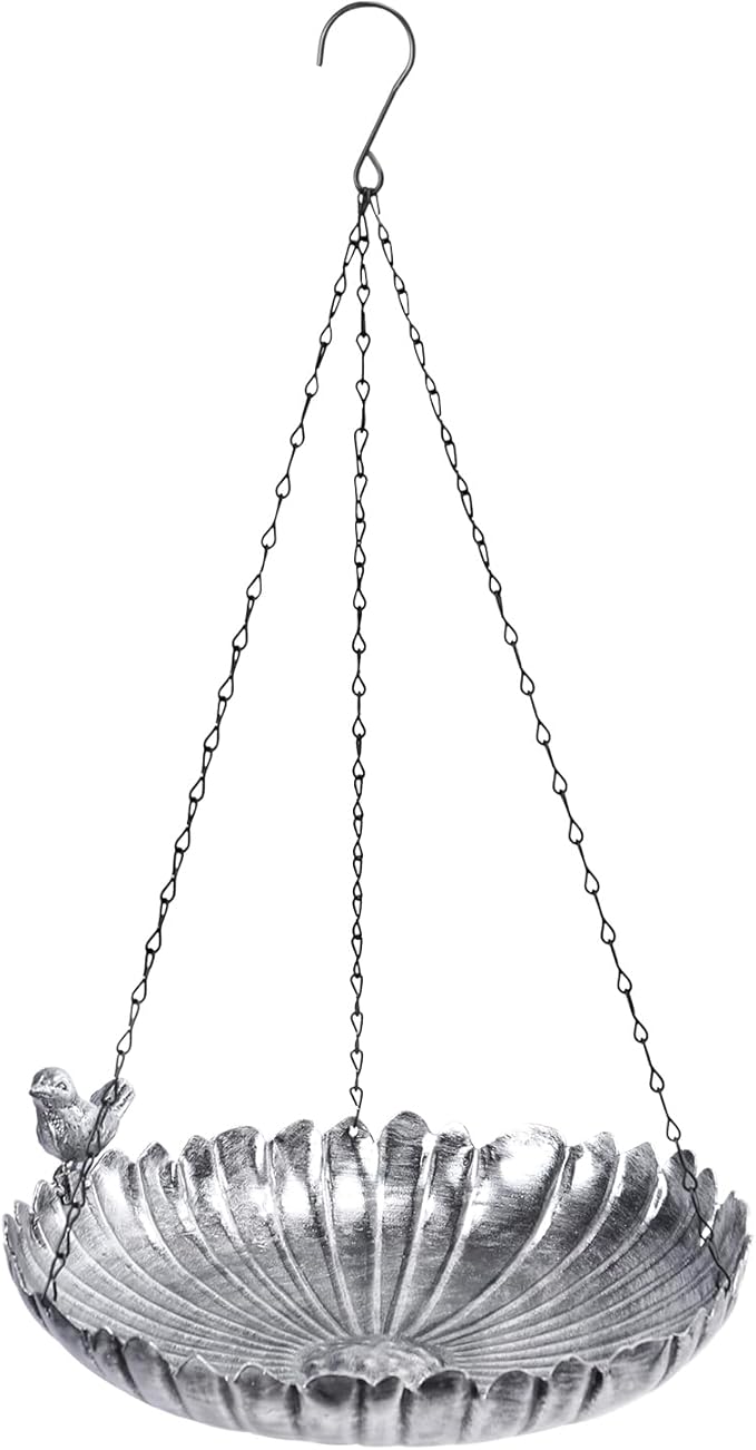 VCUTEKA Hanging Bird Baths for Outdoors, Metal Bird Bath for Outside Birdfeeder for Garden, Patio, Back Yard Decoration, Silver