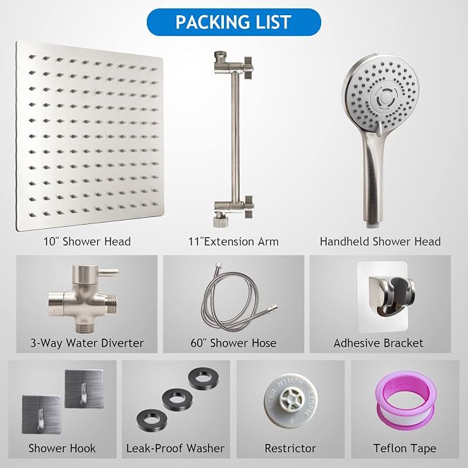 Shower Head Combo(Brushed Nickel),10'' High Pressure Rain Shower Head with 11'' Adjustable Extension Arm and 5 Settings Handheld,Powerful Shower Spray Against Low Pressure Water