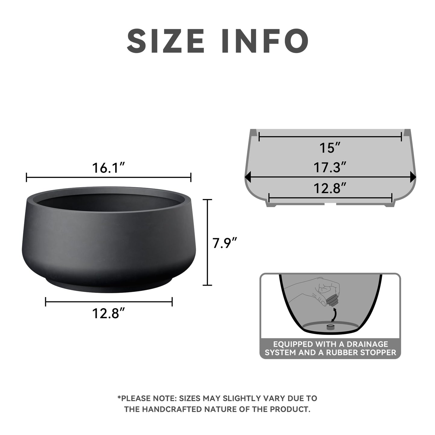 Kante 16.1" Dia Round Curvy Concrete Planter, Large Plant Pots with Drainage Hole and Rubber Plug for Indoor Outdoor Plants, Flower Pot for Home Garden Patio Porch, Black