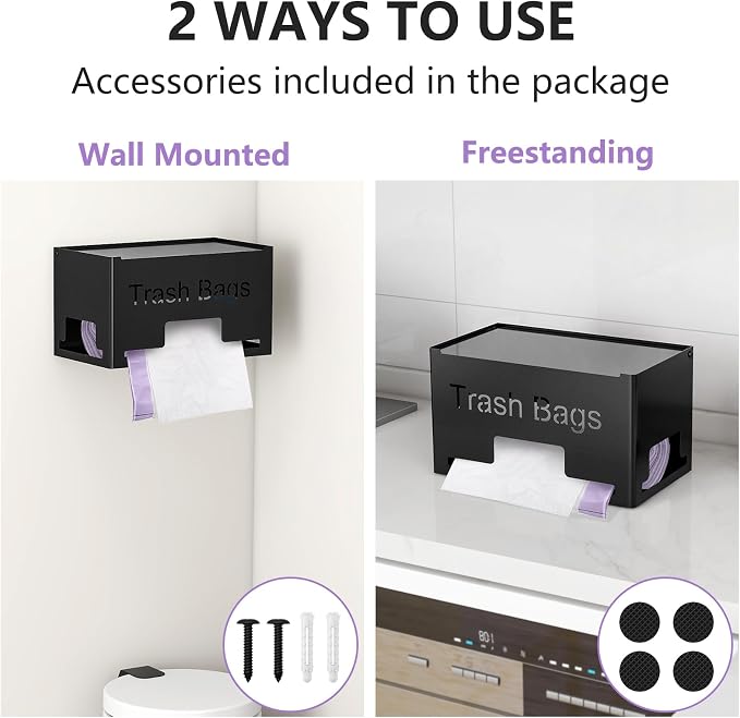 STWWO Extra Large Trash Bag Holder Dispenser, Metal Garbage Bag Dispenser Roll Holder,Trash Storage Organizer for Kitchen Laundry Room Under Sink, Wall Mounted or Freestanding, Black