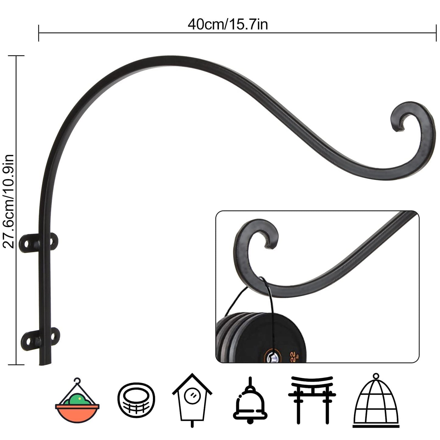 HNBun 4Pack Heavy Duty Plant Hanger, 16inch Outdoor Hanging Plant Bracket, 60lbs Bearing Capacity Metal Wall Flower Pot Hanger Hooks, Wall Hanging Hooks for Wind Chimes, Bird Feeders, Lanterns