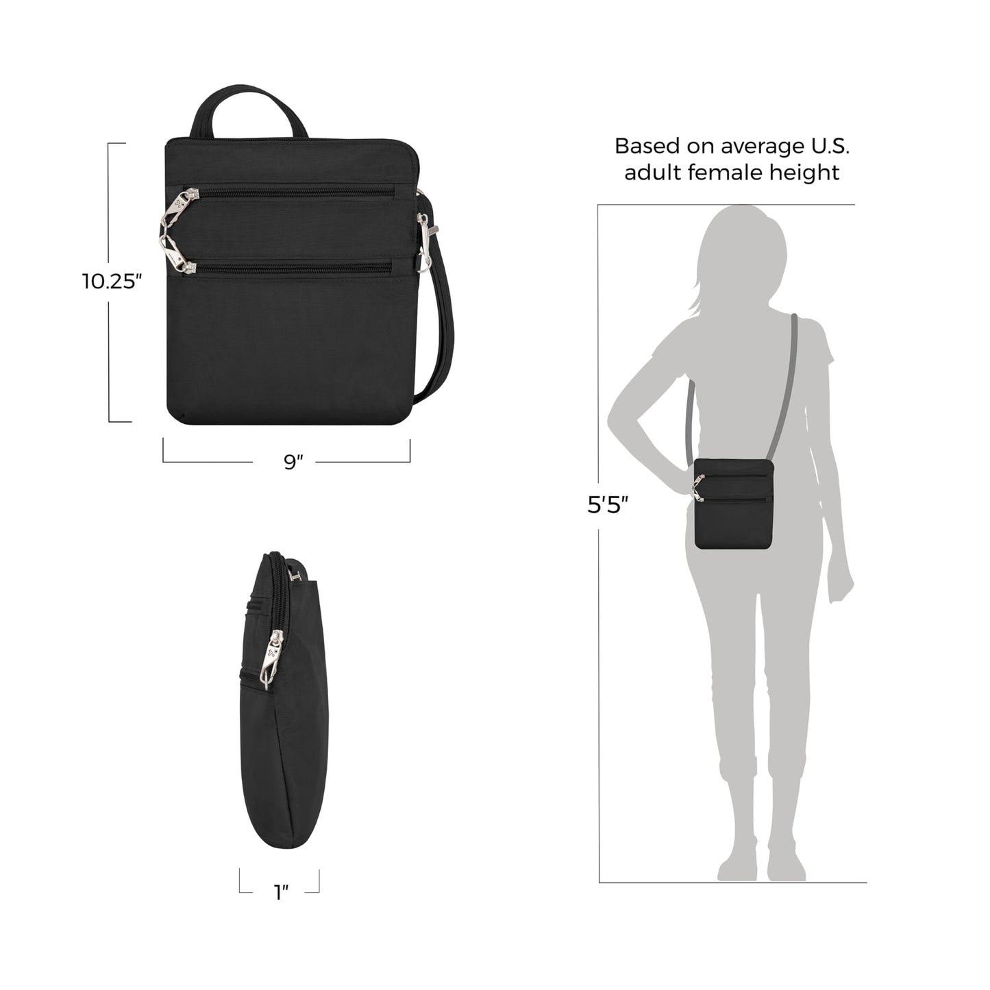 Travelon Anti-theft Classic Slim Double Zip Crossbody Bag, Black, One Size