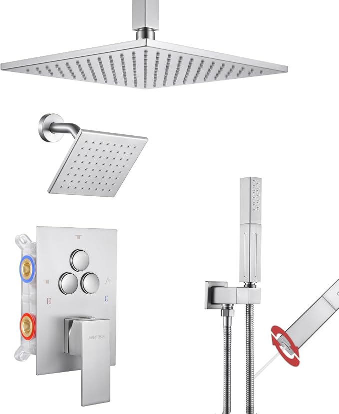 VANFOXLE Shower Faucet Set Brushed Nickel Shower System, Push Button Diverter Shower Faucet with Trim Kit, Ceiling Mount 10 Inch Shower Head Increased Thick, 6 Inch Side Shower Head, 2-in-1 Handheld