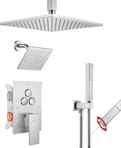 VANFOXLE Shower Faucet Set Brushed Nickel Shower System, Push Button Diverter Shower Faucet with Trim Kit, Ceiling Mount 10 Inch Shower Head Increased Thick, 6 Inch Side Shower Head, 2-in-1 Handheld