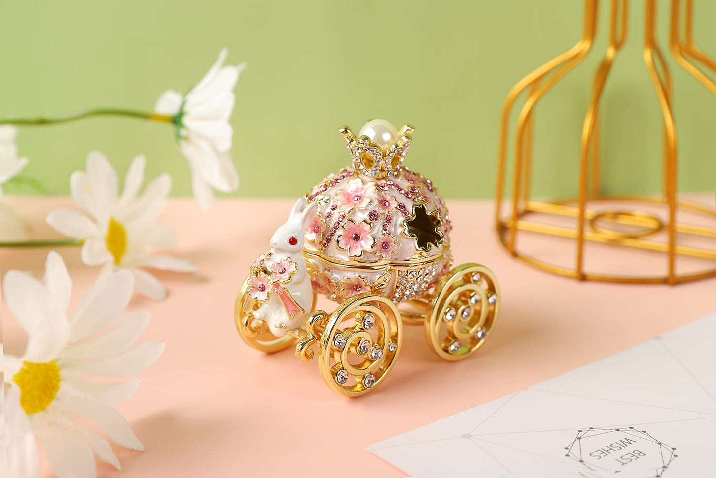 FASSLINO Bunny Pumpkin Carriage with Flowers Jewelry Trinket Box Hinged Hand-Painted Enamel Ornaments Gift for Home Decor (Pink)