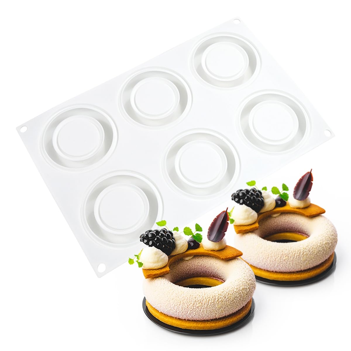 ANGOOD 3D Donut Silicone Mold, Cupcake Baking Pan Mousse Tray Molds, Kitchen Cake Decorating Fondant Mould for Pumpkin Shaped Baking Mousse Cake, 6-Cavity Non-Stick Silicone Moulds (D_ Donut)