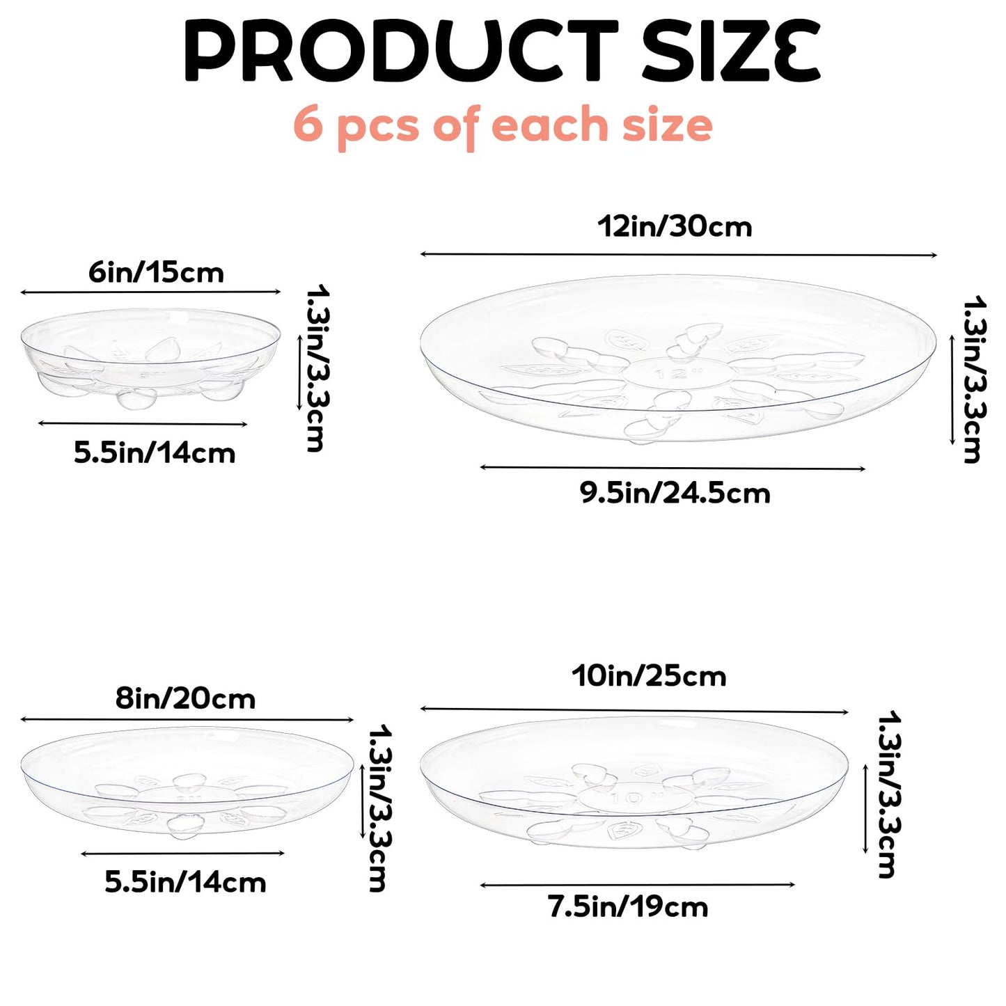 YOUEON 24 Pack Clear Plant Saucers with Feet, 6/8/10/12 Inch Heavy Duty Plastic Plant Drip Trays, Flower Pot Trays, Plant Water Catcher Tray for Indoor & Outdoor Plants, Round, 4 Sizes