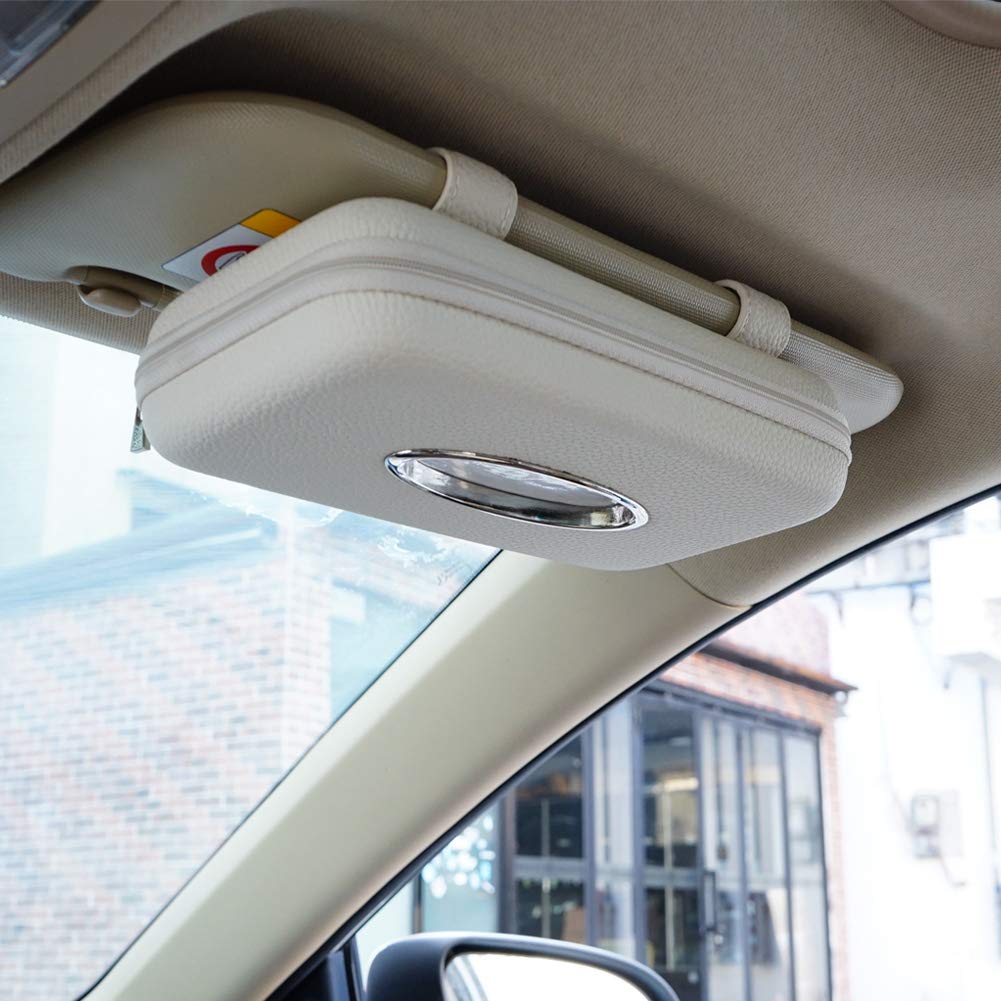 Cartisen Car Tissue Holder - Sun Visor Napkin Holder, PU Leather Backseat Tissue Case for Vehicle (Beige)