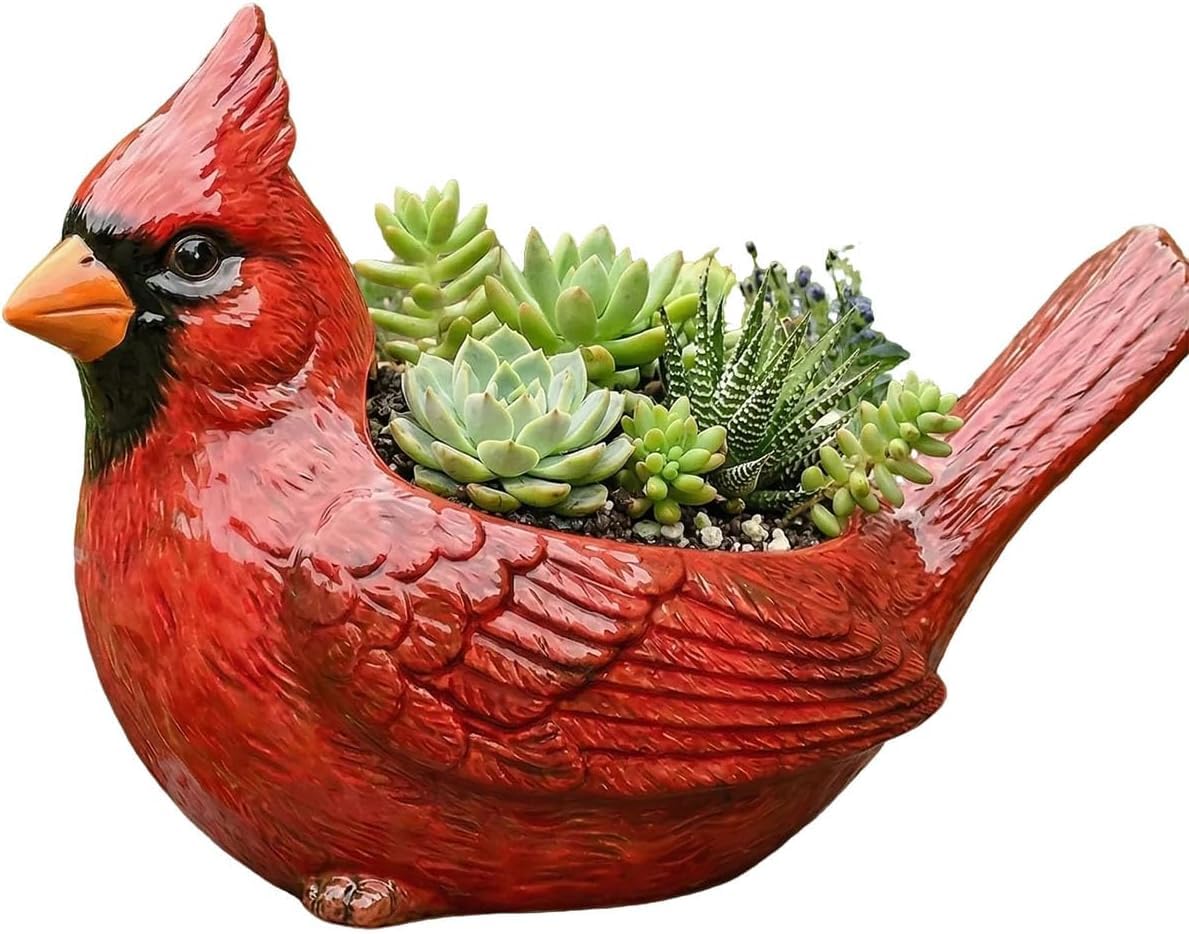 Smilamo Cardinal Bird Succulent Planter, Red Resin Decorative Flower Pot, Bird Flower Pot & Outdoor Planter Pot, Resin Cardinal Flower Pot for Desk & Garden Decor, Unique Gift Idea (Red)