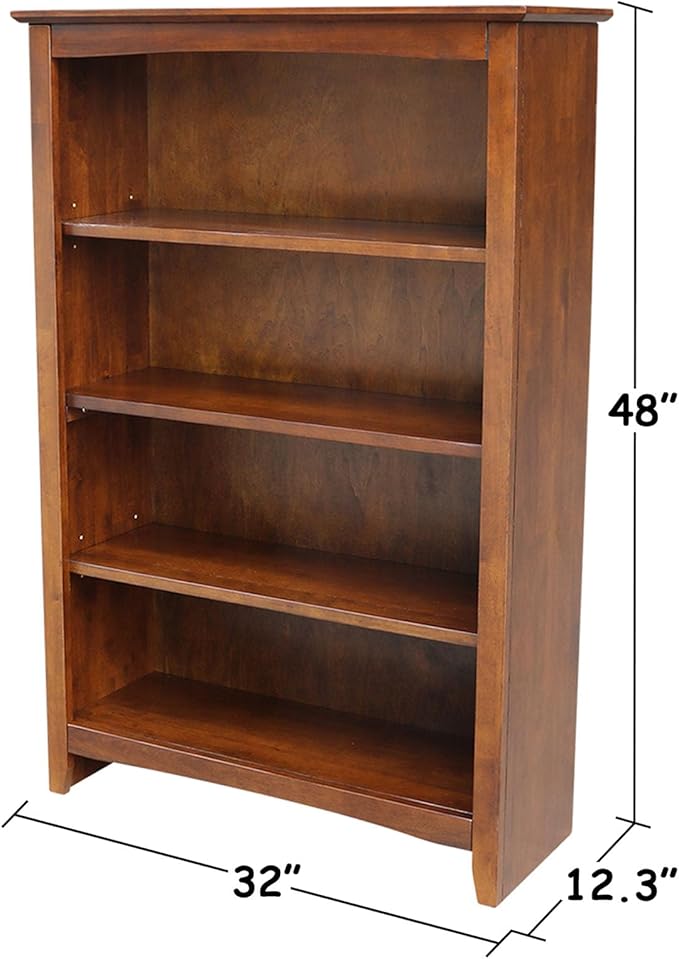 Solid Wood Bookcase 48" High, Adjustable Shelves, Parawood Construction