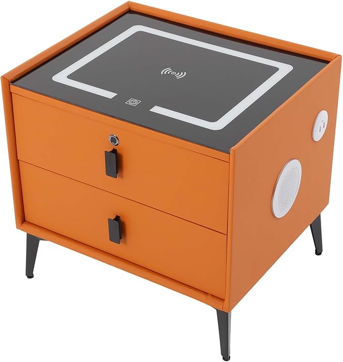 Smart Nightstand w/Fingerprint Lock Drawers, Smart Bedside Table w/USB Charging