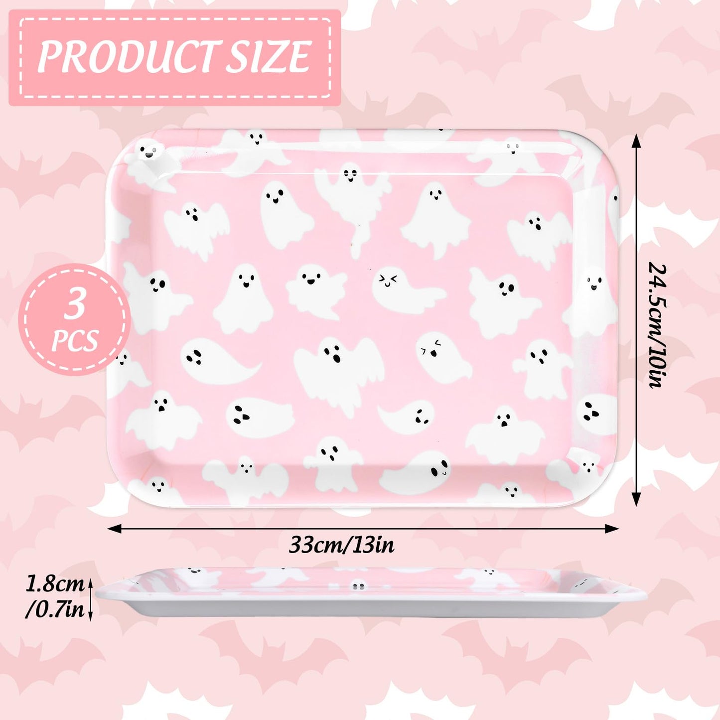 JarThenaAMCS 3Pcs Halloween Serving Trays Pink Ghost Platter Cute Ghost Reusable Serving Dishes for Birthday Baby Shower Party Sharing Snacks Fruit Dessert, 13 x 10 Inch