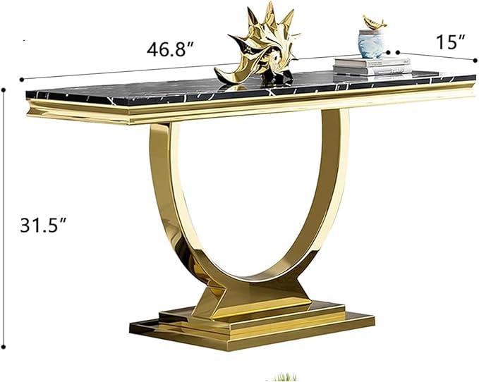 Henf 47" Marble Console Table Modern Black Faux Marble Entryway Table