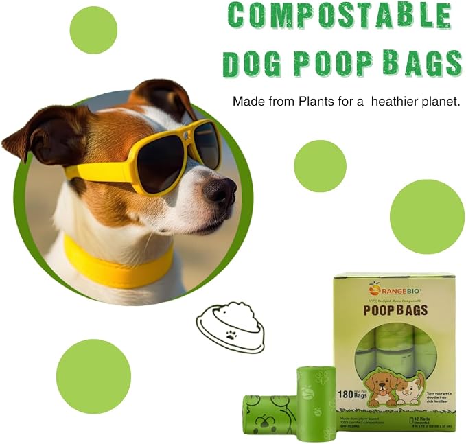 OrangeBio Dog Poop Bags with Handles, 100% Certified Home Compostable, 13 x 9 Inches - 180 Count (15 Bags per Roll, 12 Rolls), Scented, OK Compost Home Certified