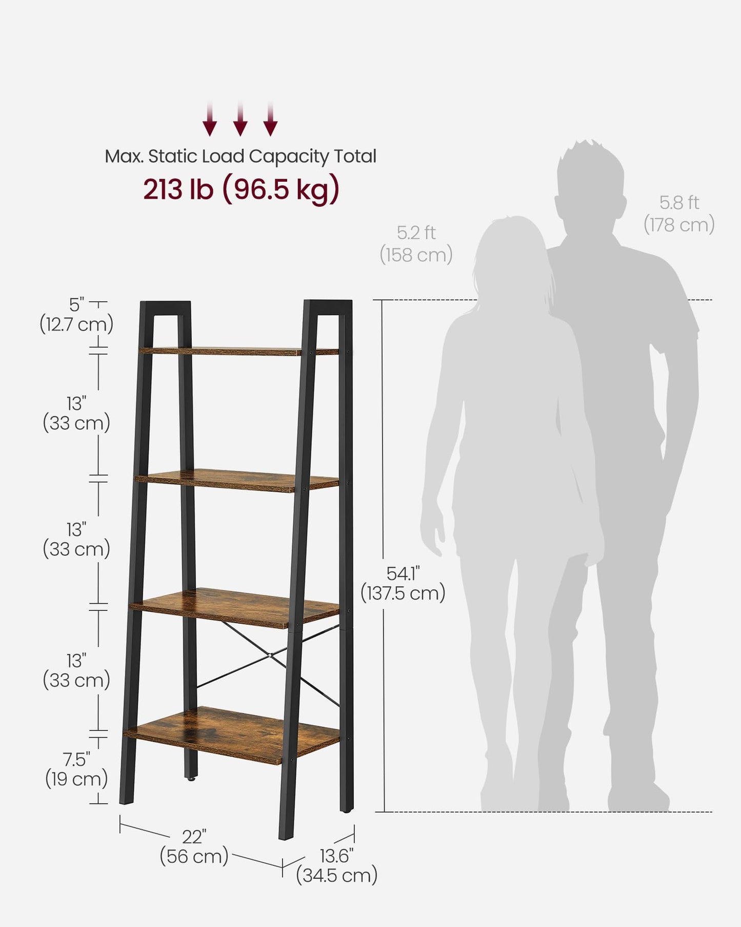 VASAGLE BARNET Collection - Ladder Shelf, Bookshelf, Storage Rack, Modern Bookcase for Living Room Home Office Kitchen, Steel Frame, 4-Tier, 22-Inch Wide, Rustic Brown and Ink Black ULLS44X