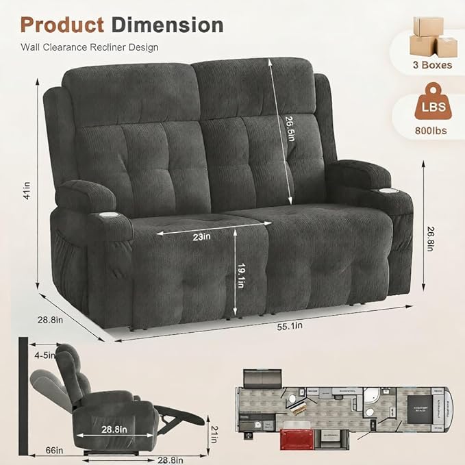 RV Loveseat Recliner Sofa, Wall Hugger Double Recliners