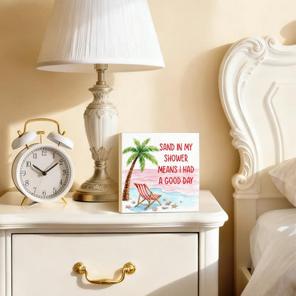 JQYCJTR Sand in My Shower Means I Had a Great Day Wood Block Plaque Box Sign for Home Living Room Coffee House Bar Shelf Table Decoration, Coastal Easter Beach Sign, Coastal Bathroom Home Decor