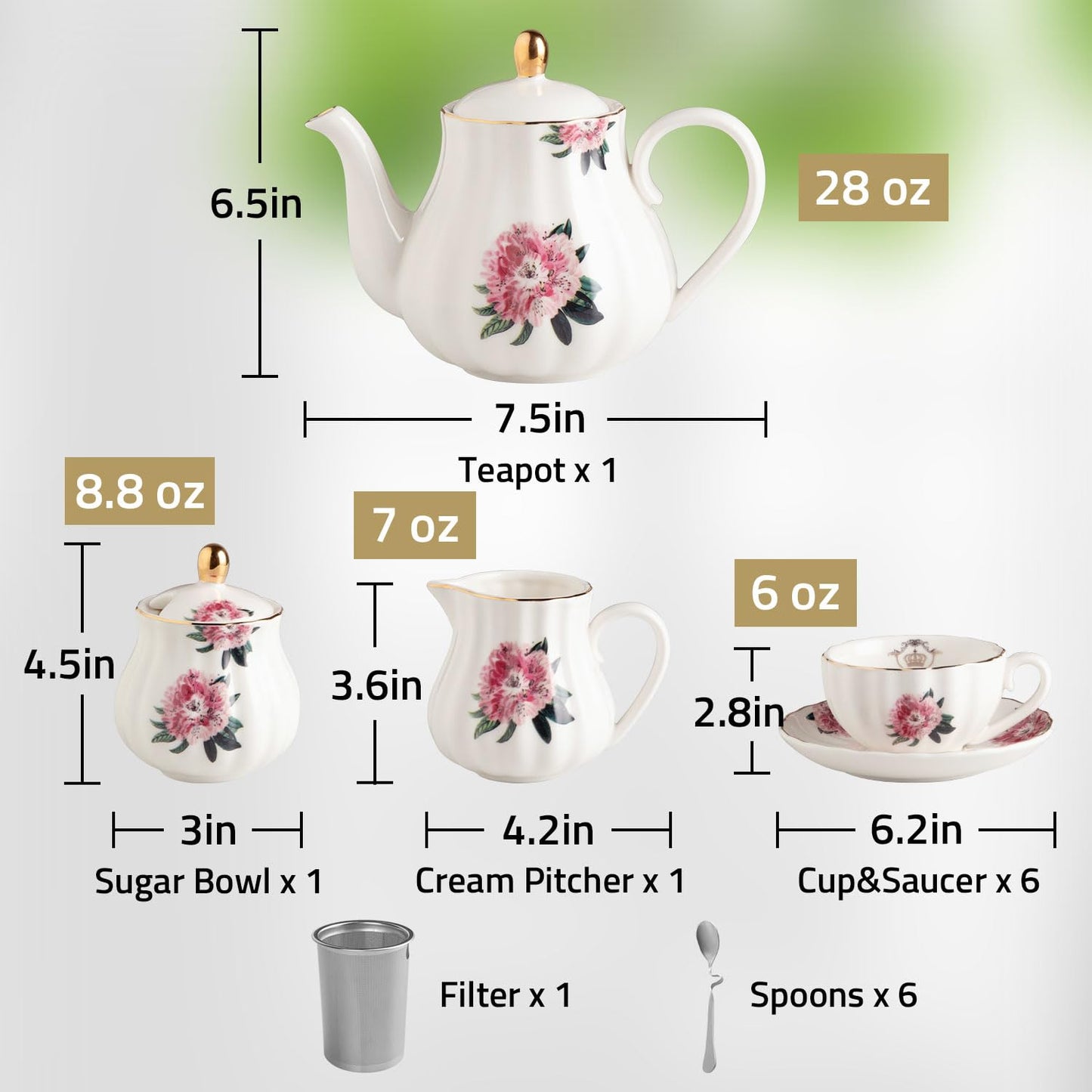 Sweejar Porcelain Tea Sets British Royal Series, 8 OZ Cups & Saucer Service for 6, with Teapot Sugar Bowl Cream Pitcher Teaspoons and Tea Strainer, Suitable for High Tea, Wedding, Party