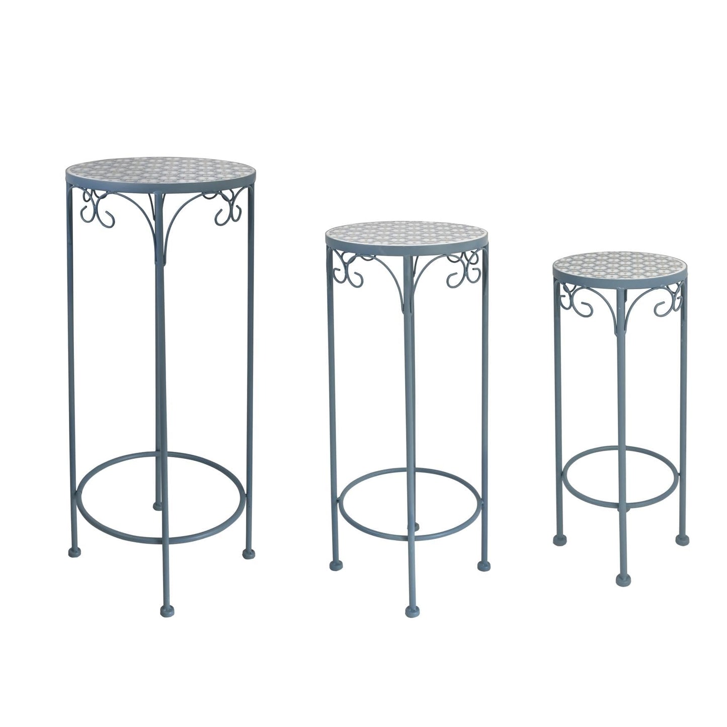 Metal Plant Stand Set of 3 Round Ceramic Top 28" Tall Mosaic Flower Stand Tile Nesting Display Side Table Indoor Outdoor Plant Rack Flower Holder for Wedding Party Patio Living Room Frame Stackable Garden Accessory Decorative Blue