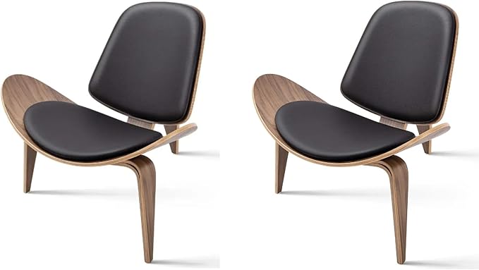 Modern Shell Lounge Accent Chairs, Faux Genuine Leather Mid Century Armless