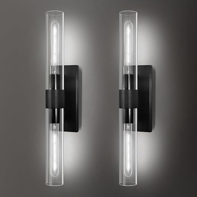 Modern Wall Sconces, Bathroom Wall Sconce, 22.8" Black Wall Lamps, 2-Light Dimmable Sconces Wall Lighting with Glass, Vanity Light Tube Sconce for Bedroom Living Room, Hallway