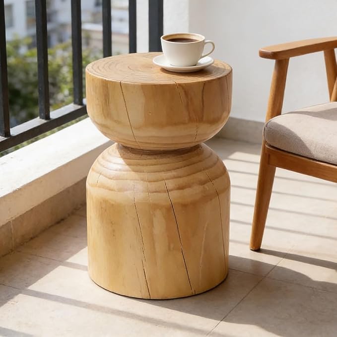 Solid Wood Stool & Sofa Side Table, Rustic Hourglass Wabi-Sabi Accent Coffee