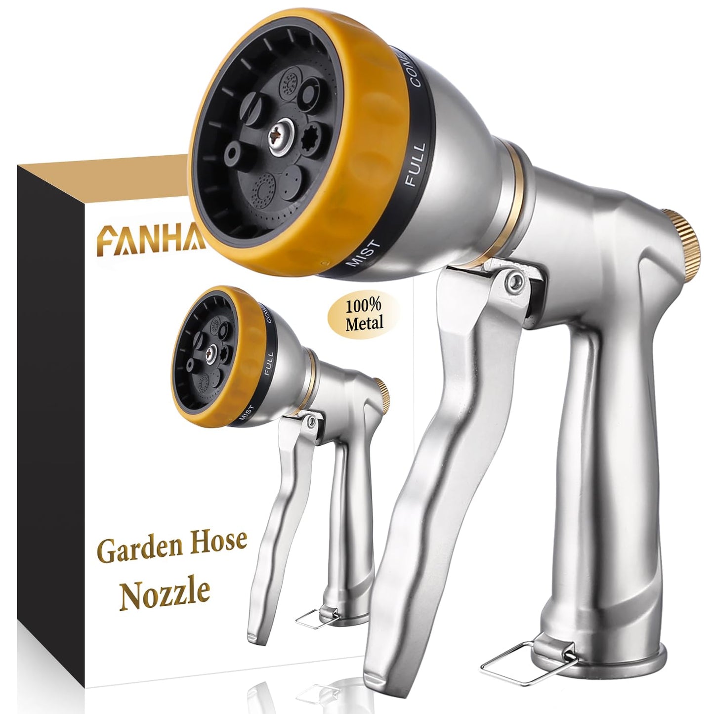 FANHAO Garden Hose Nozzle Heavy Duty, 100% Metal Water Hose Nozzle Sprayer High Pressure Spray Nozzle with 7 Spray Patterns for Watering Garden, Washing Cars and Showering Pets