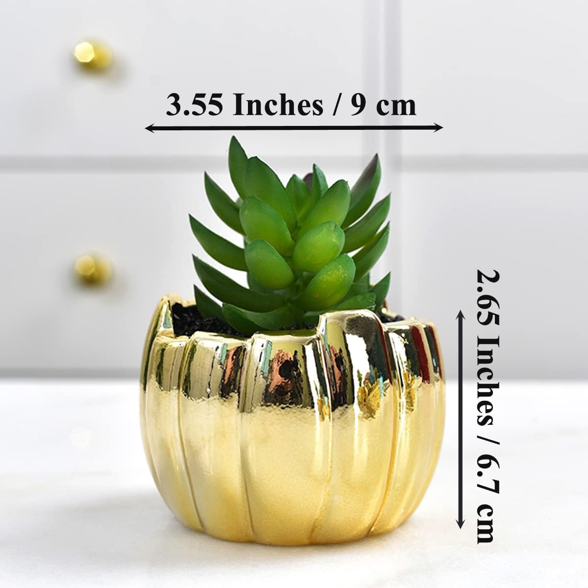 ROSE CREATE 4pcs 3.5 Inches Gold Mini Succulent Ceramic Pots Holder with 4pcs Bamboo Trays, Small Simple Golden Porcelain Plant Cactus Flower Holder Decorative Planters, Plants Not Included
