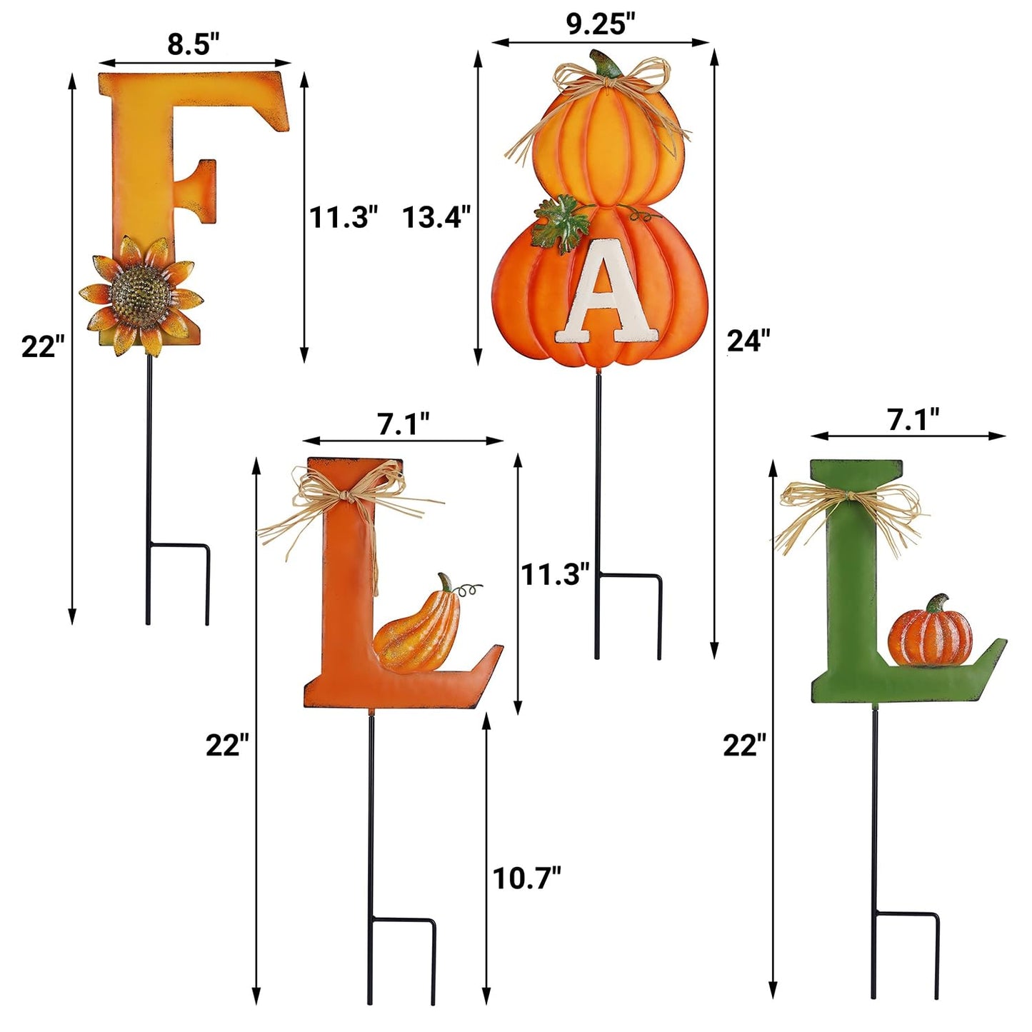 Juegoal 4 Pcs Fall Decorative Garden Stakes, 24 Inch Letter Metal Yard Sign with Pumpkins, Outdoor Art Stake for Thanksgiving Decorations Autumn Harvest Patio Lawn Walkway, Style A