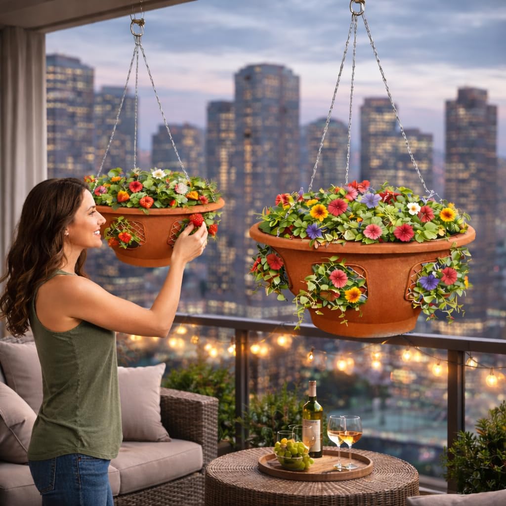 smart spring Ultimate Hanging Baskets - Strawberry, Tomato, Flower, and Herb Outdoor Planters - Use Garden Pots for Growing Plants Outside On A Deck, Fence, or Balcony (2, Terracotta)