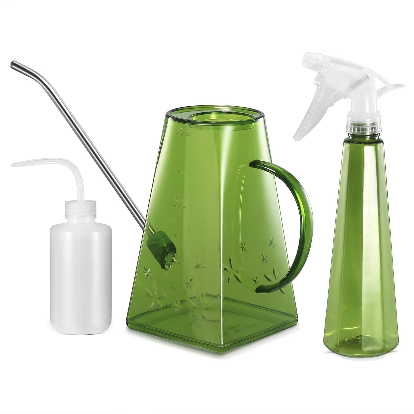 Goowin Watering Can Indoor Plants, 47 oz Long Spout House Plant Flower Watering Can, Creative Wide Opening Plastic Watering Can with 16 oz Spray Bottle & 8.5 oz Squeeze Bottle, Green