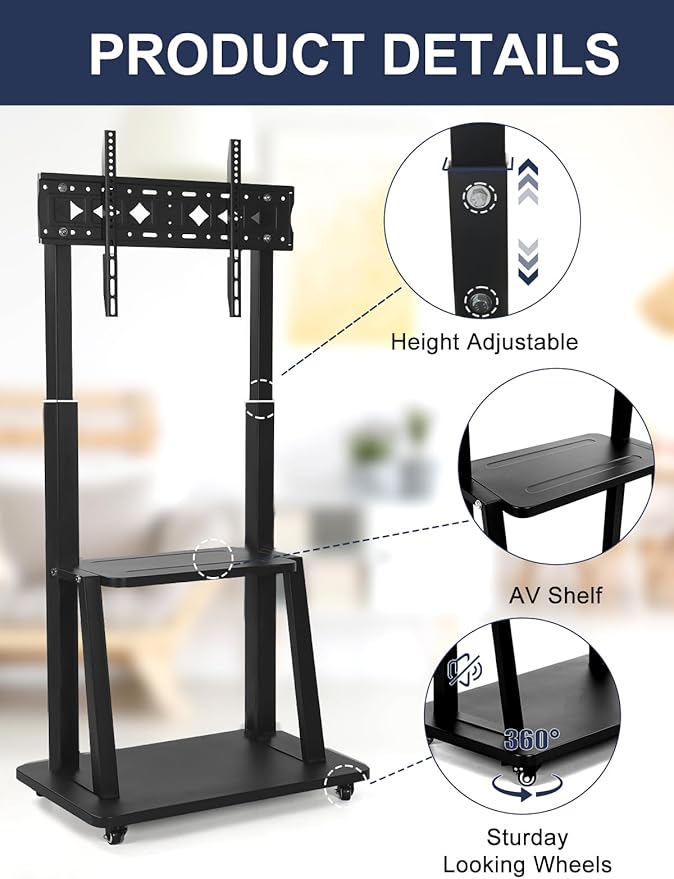 Mobile TV Stand on Wheels for 42-86 Inch Flat/Curved LED/LCD/OLED Rolling TV