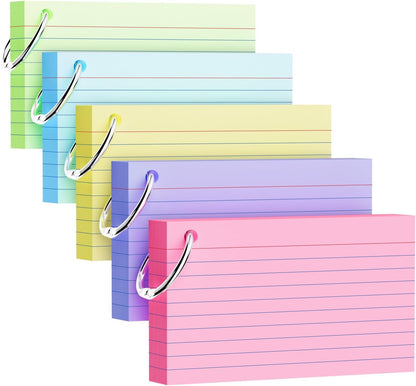 250 Count Index Cards 3x5 Inch with Key Ring, 180gsm Heavy Weight Colored Flash Cards 5 Color Assortment (50 Sheets Each), Note Taking for Students, Teachers, Study Note Cards for Office Home School