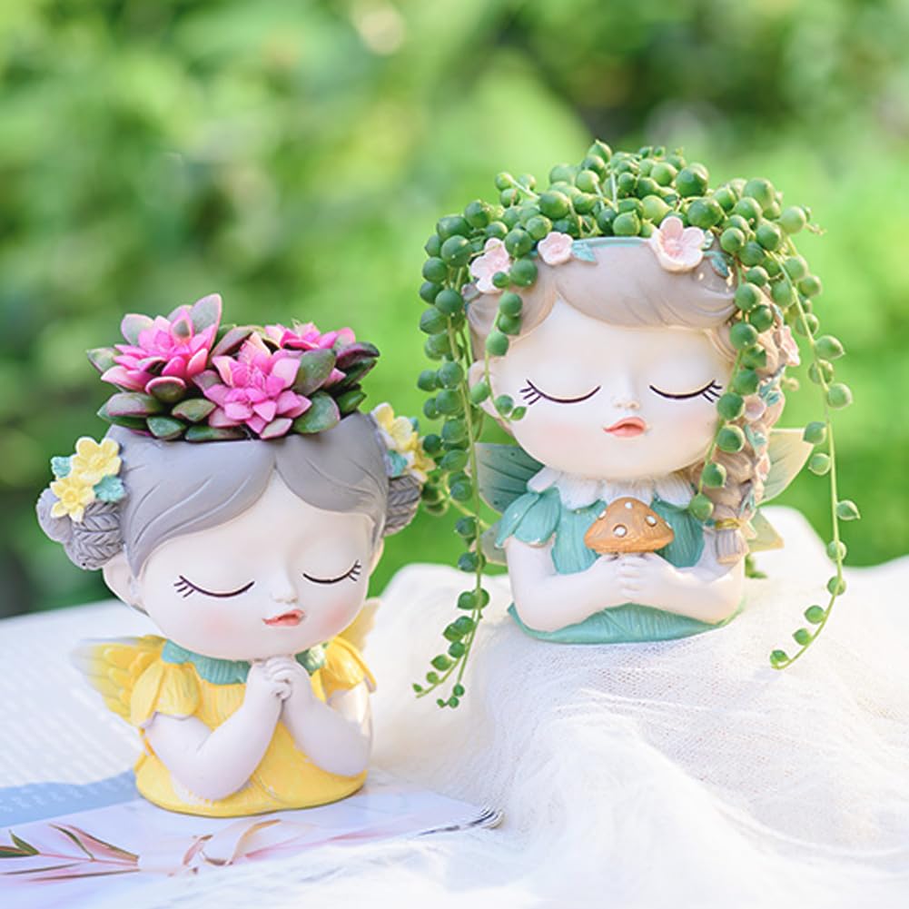 Argofox Small Angel Girl face Succulent Plant Pot 2 Pack with Drainage Hole Indoor Unique Cute Flower Vases Decor with Girl Face Planter Chic Gardening Lover Gifts Idea