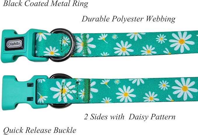 Dog Collar Leash Set, Floral Pattern, Polyester Material, Adjustable Collar and 5ft Matching Leash, for Puppy Dogs.(XS, Green Daisy)