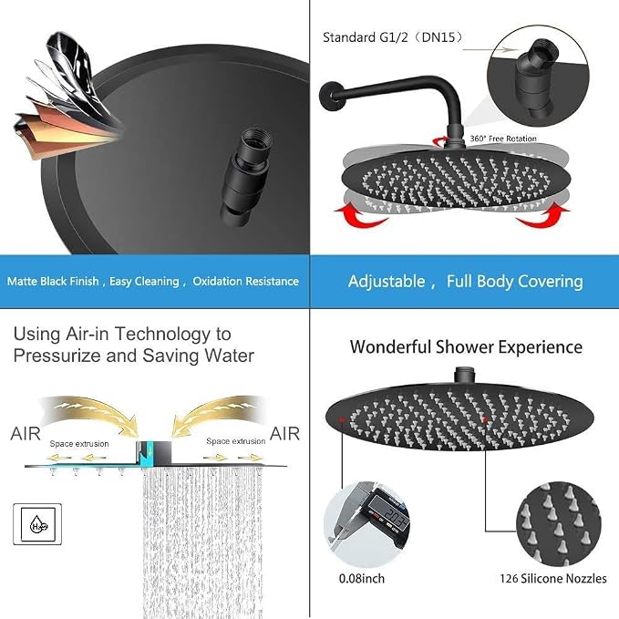 NearMoon Rain Shower Head, Ultra-Thin Design-Pressure Boosting, Awesome Some Experience, High Flow Stainless Steel Rainfall Head (10 Inch, Matte Black)