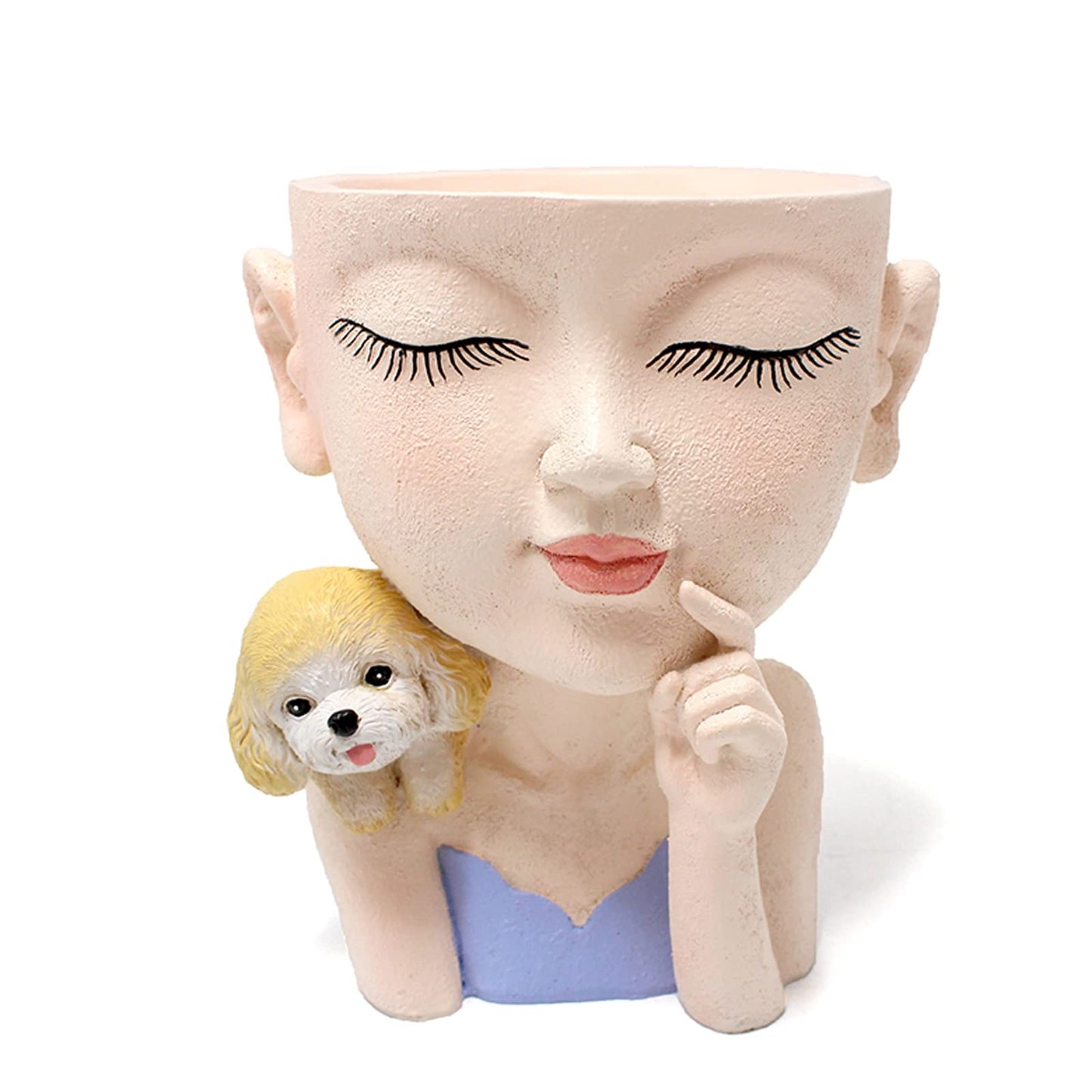 KOCNYDEY Face Flower Pot Cute Girl and Dog Planter Resin Lady face Head Planter Pot Closed Eyes Planter Pot with Drainage Hole Succulent Planter Pot for Plants Flower Cactus Garden Indoor Outdoor