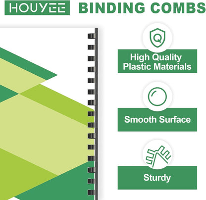 HOUYEE 1/2 Inch Plastic Binding Comb 19 Ring, 90 Sheet Capacity, Letter Size Black Comb Binding Spines (100 Pack)
