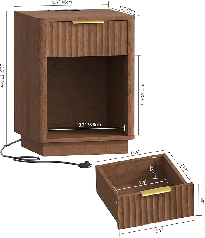 Akxomel Fluted Nightstands Set of 2, Wooden Night Stand