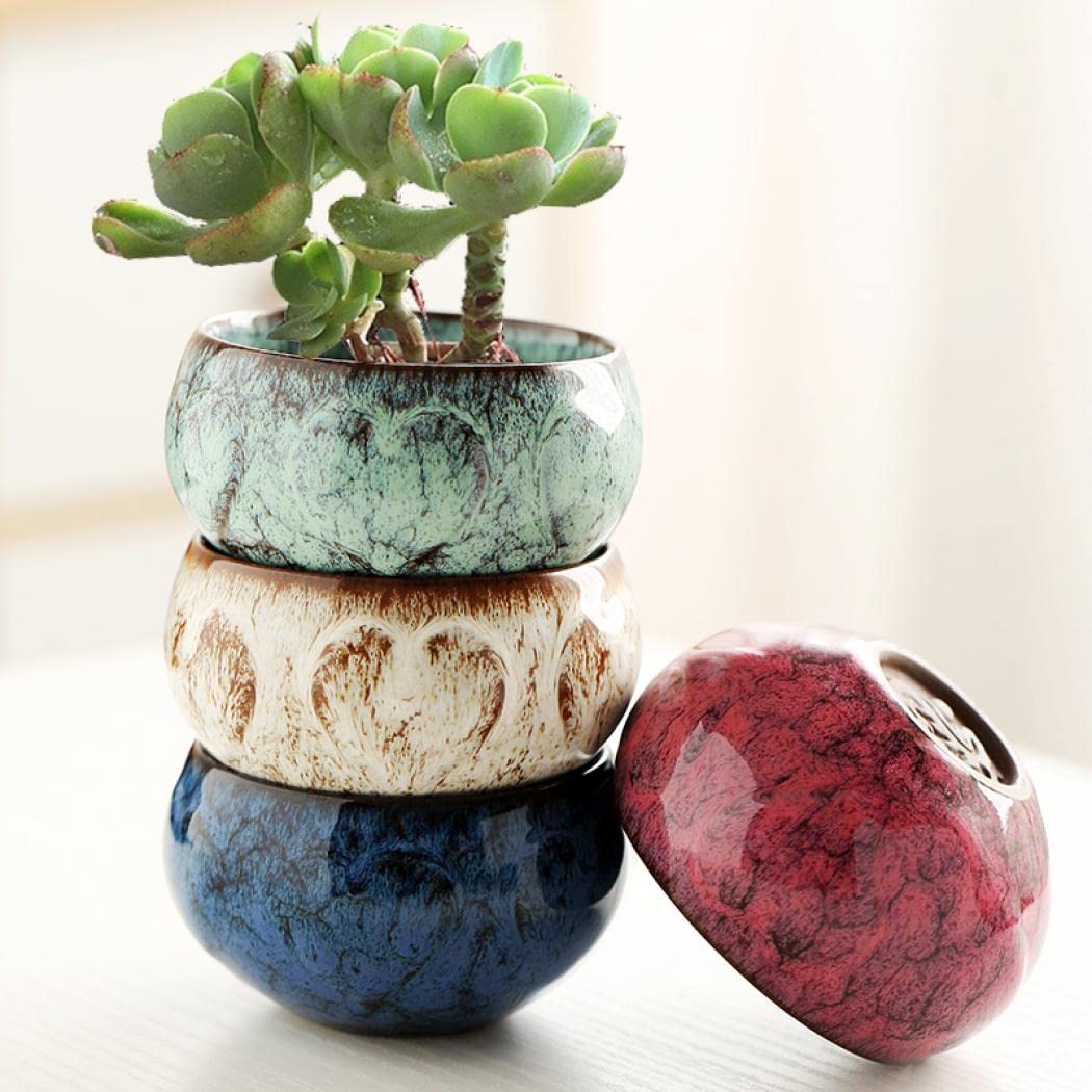 YYW Ceramic Plants Pots 3 Inch Set of 4 Flower Pots with Drainage and Bamboo Tray for Indoor/Outdoor Small House Plants,Foliage Plant (Set 1)