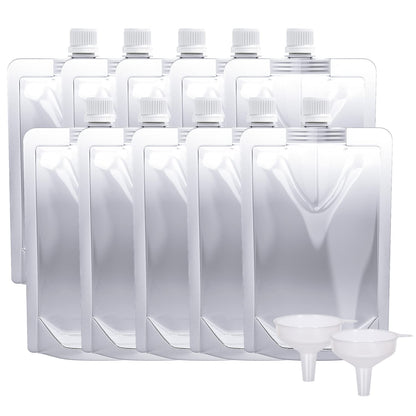 Keon Plastic Pouches - Leak-Proof, Reusable, Flexible Juice Bags, BPA-Free for Travel, Outdoor Sports, Concerts, Events (8OZ - 10PCS + 2 Funnels)
