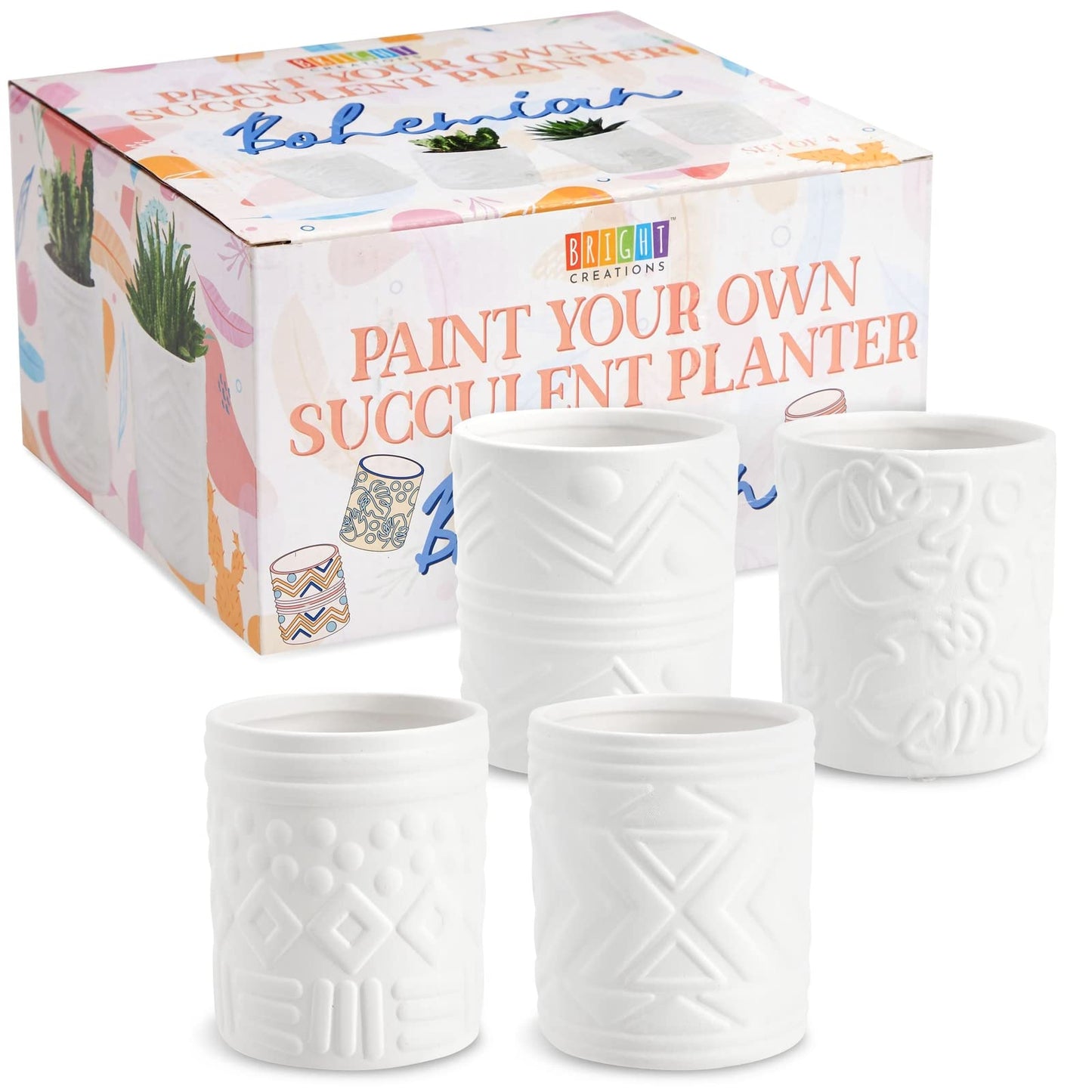 Bright Creations - Themed Designs, Unpainted Flower Pots with Drainage Holes, Rubber Plugs, and Small Sticker Pads (3x3x4 inches, White) - Set of 4