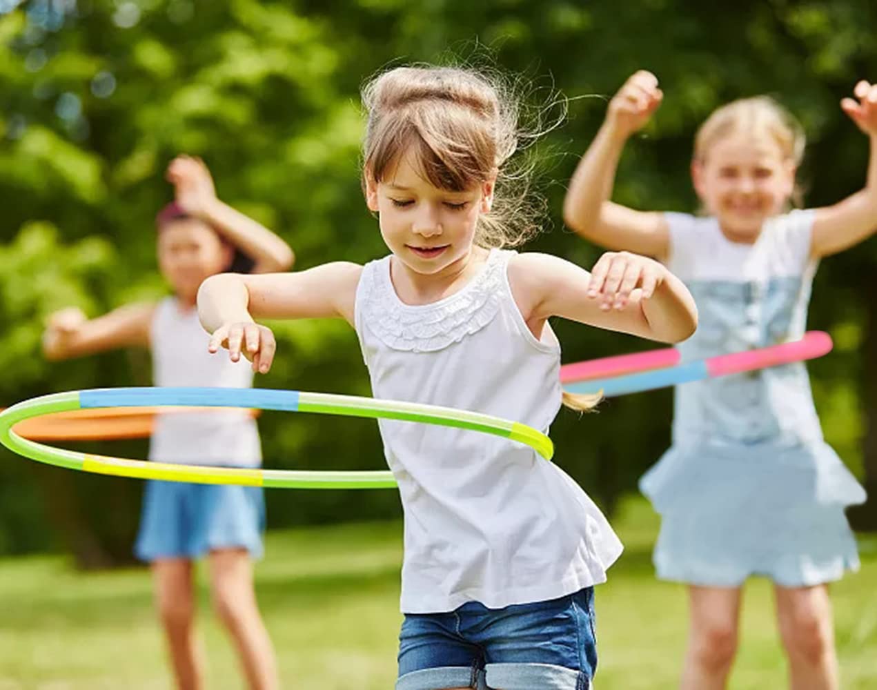 Beakabao Exercise Hoops Set for Kids(6 Parts), Weight and Size Adjustable Detachable Fitness Toys, Suitable for Gymnastics, Dance, Party, Games and Pet Training, 29 Inches (Yellow + Green + Blue)