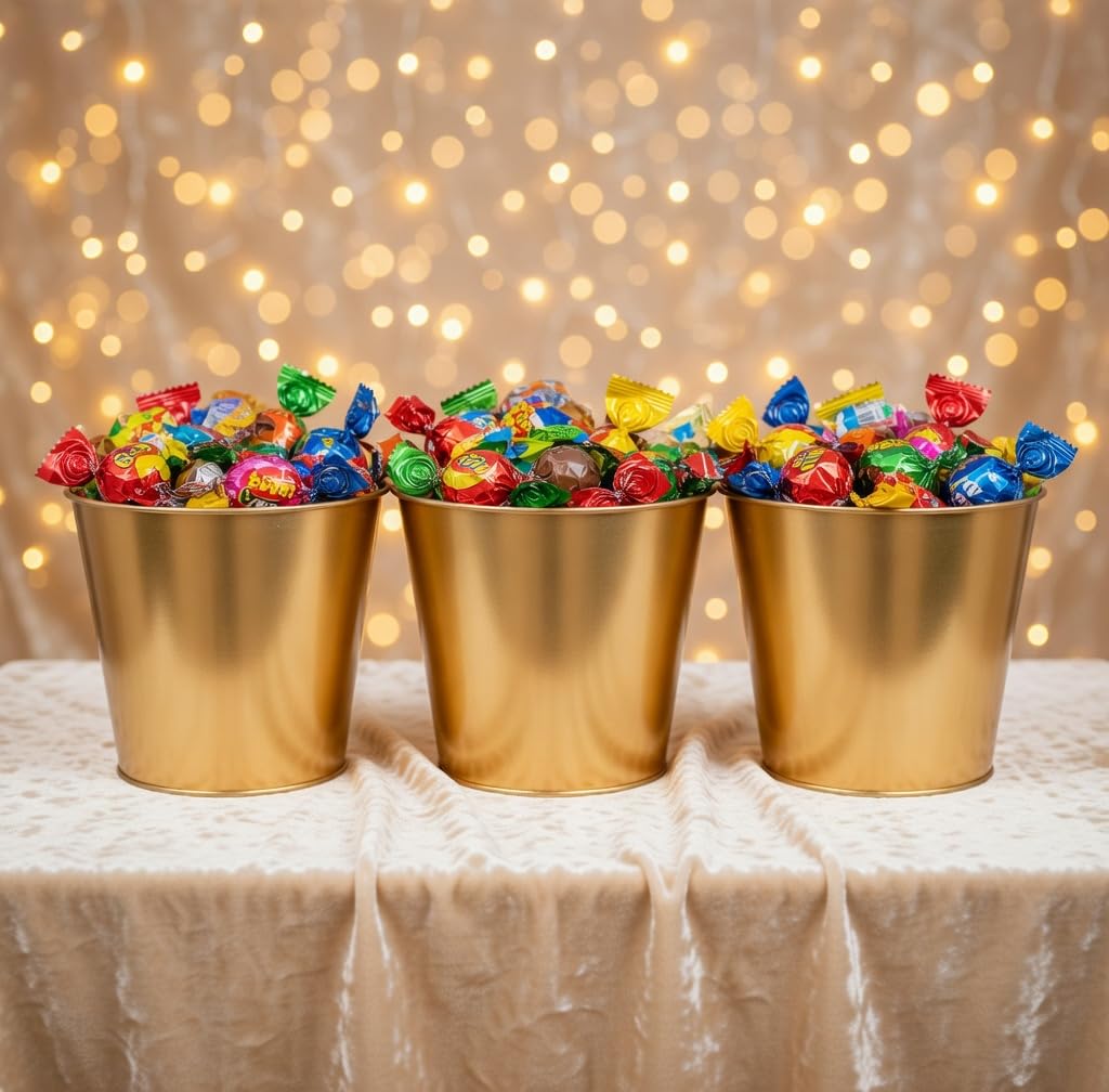 Hosley Set of 2 Gold Bucket/Pots with PVC Liner, 6.5" Dia x 6" H Ideal Gift for Floral Arrangements Wedding Home Office Party DIY Indoor Outdoor Garden Patio